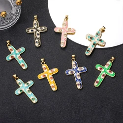 Juya 18K Real Gold Plated Colorful Enamel Evil Eye Handmade Cubic Zirconia Religious Catholic Christian Cross Charms Supplies