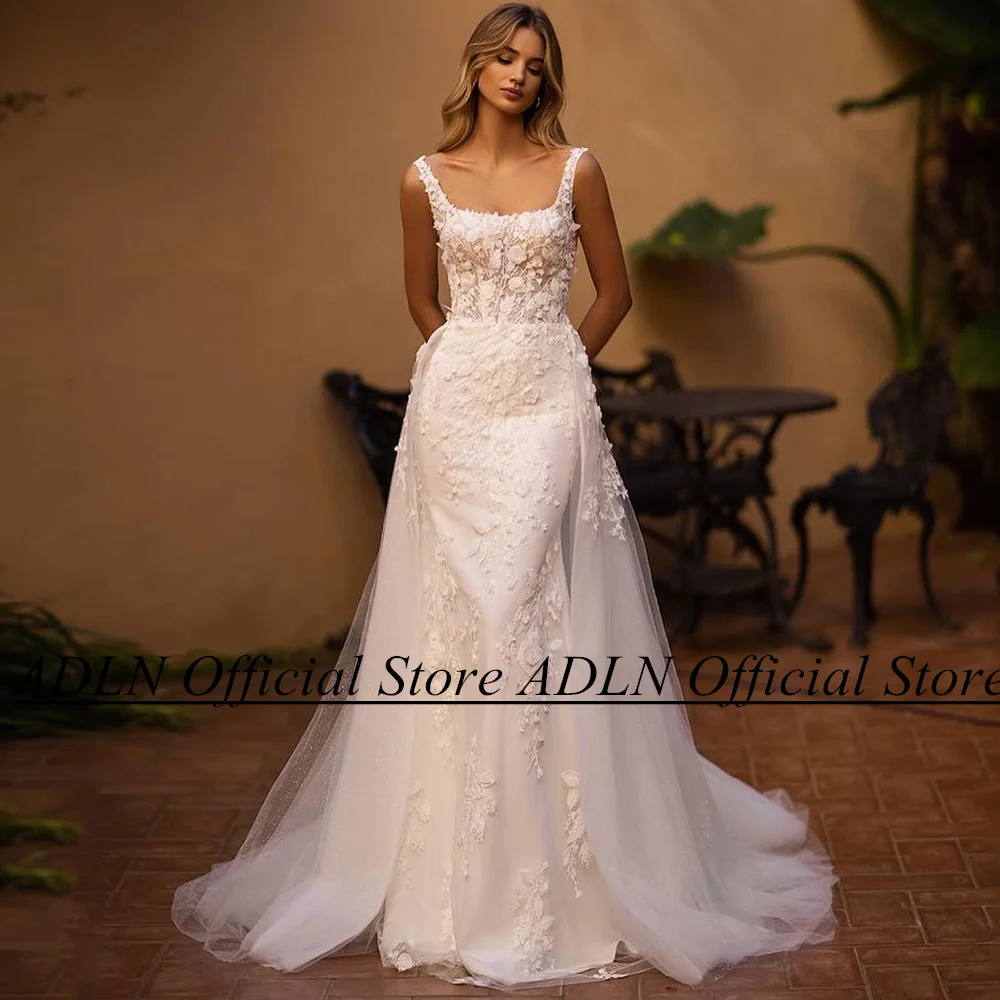 ADLN Lace Mermaid Wedding Dress with Detachable Glitter Tulle Square Neck Sleeveless 3D Flowers Applique Sweep Train Bride Gown