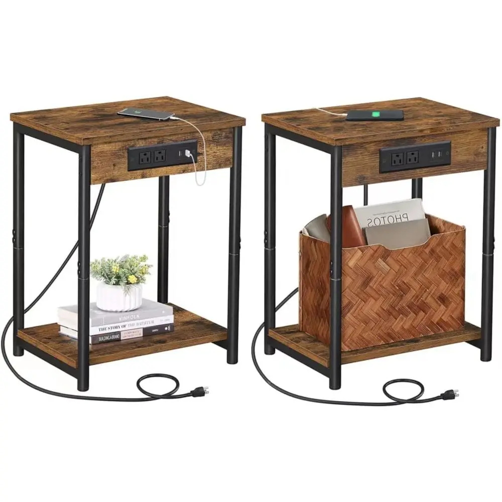 Set of 2 Nightstands with Charging Ports, 21.8 High, Storage Shelf, End and Side Tables with USB Ports