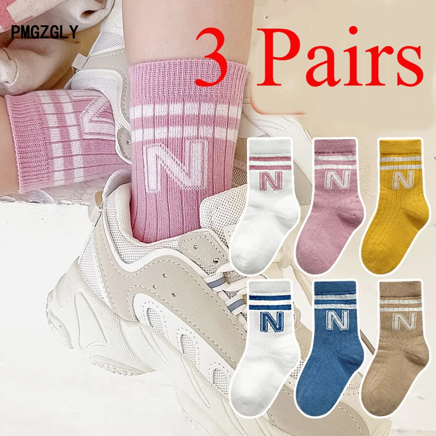 

3 пары детских носков с узором для малышей, хлопковые дышащие полосатые гетры для мальчиков и девочек с надписями