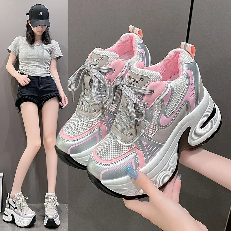 Shoes for Women Thick Sole Height Increased 9cm Women's Sneaker 2024 Summer New Mesh Breathable Casual Sports Shoes