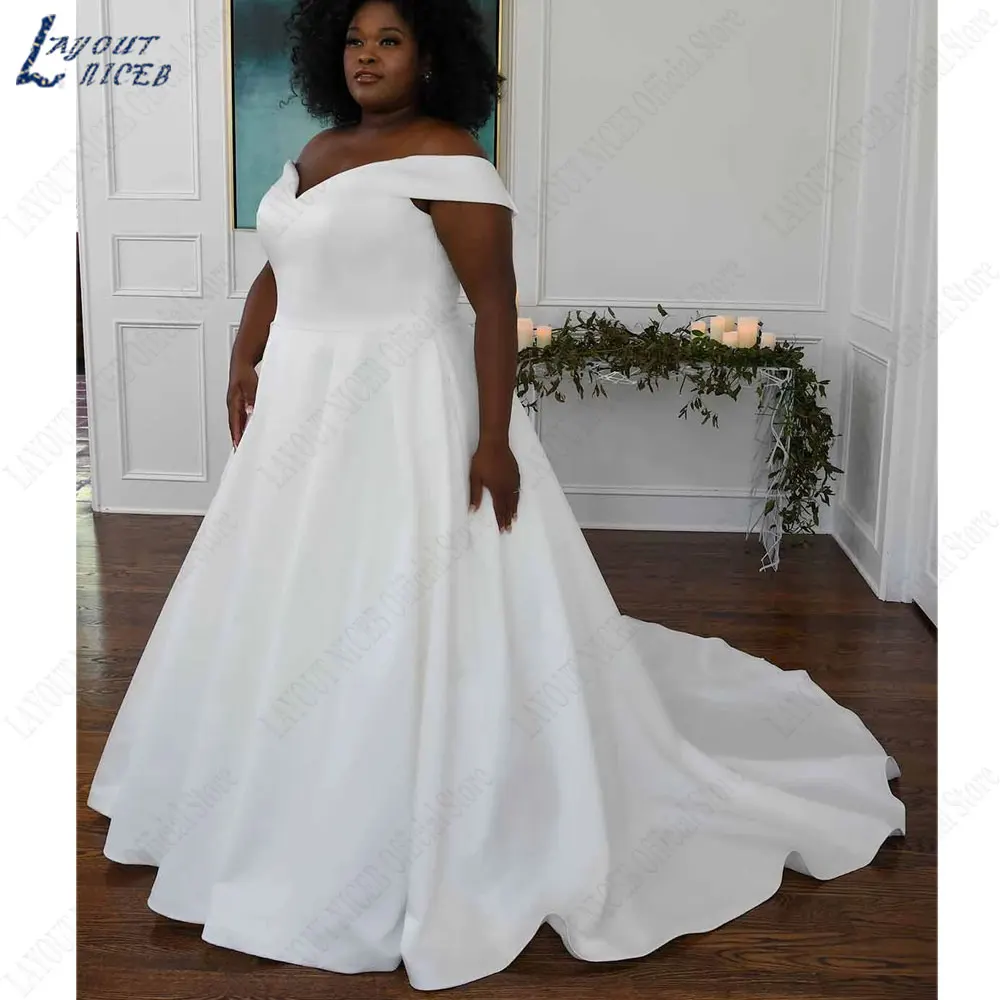 LAYOUT NICEB A-Line Off Shoulder Satin Bride Gowns Short Sleeves Backless Wedding Dresses Custom Made vestido de noiva casamento