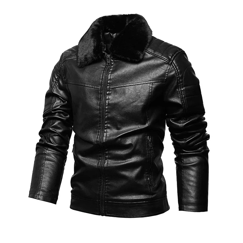 

Men's Solid Color Zipper Pocket Flocked Lapel Coat Cardigan Fashion Casual Pu Leather Top