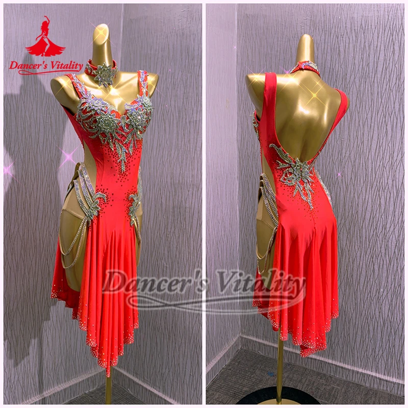 Laranja-vermelho sem mangas sem costas salsa samba vestido dançarino vitalidade adulto competição de dança latina & desempenho outfit high-end personalizado