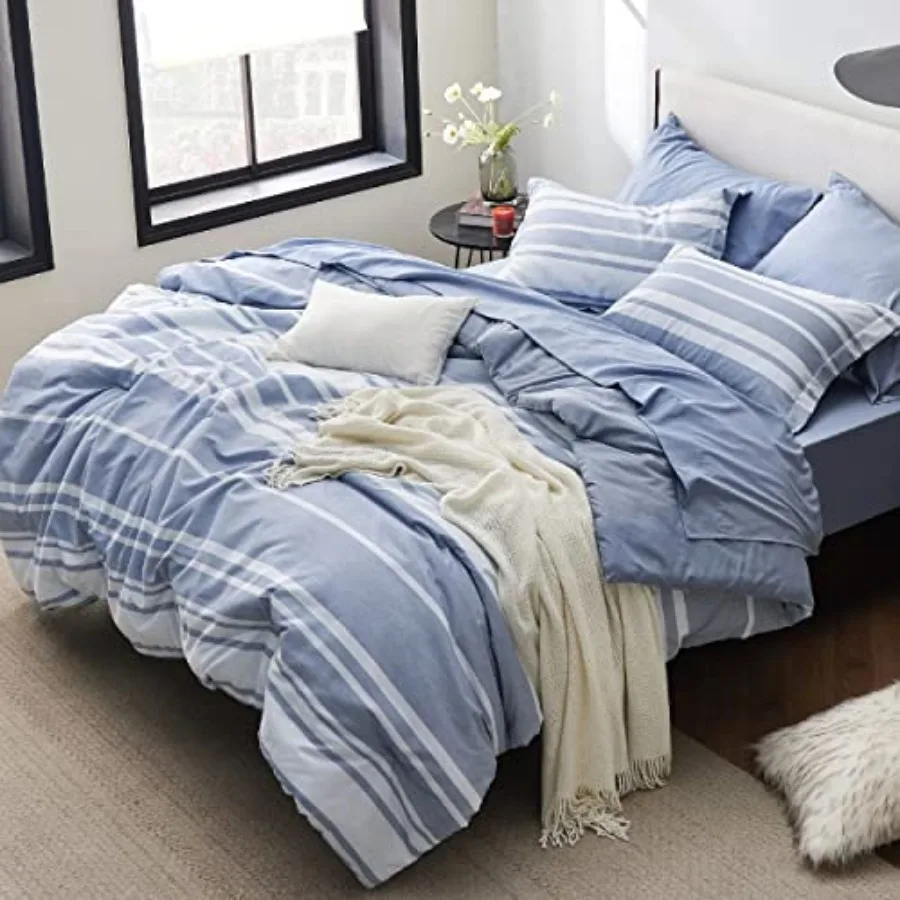 

Comforter Set 7 Pieces Blue Striped Bedding Set for All Seasons Reversible Cationic Dyeing Bed in a Bag with Comforter Sheets P