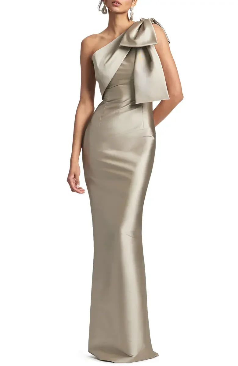 

Champagne Gold Satin One Shoulder Bow Mermaid Gown Sexy Slim Fit Split Evening Bridesmaid Dress