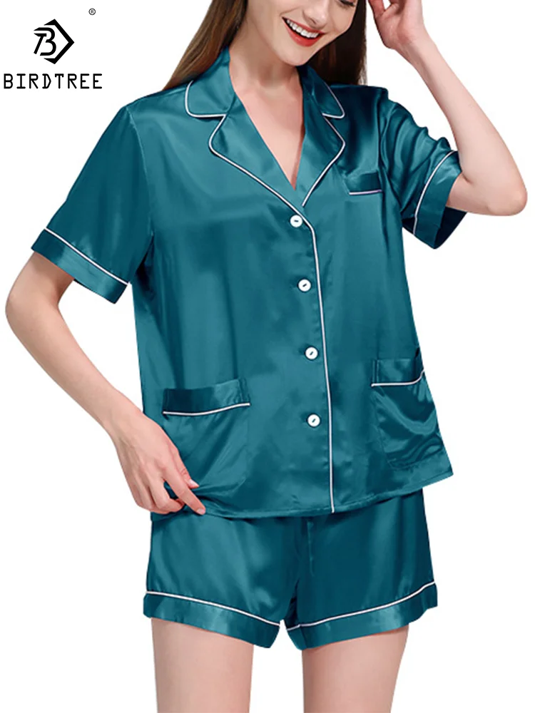 

BirdTree, 25MM 100%Real Silk Pajamas Set, Women Short Sleeve Top Shorts, Casual Fashion Homewear, 2024 Summer Autumn S47480QM