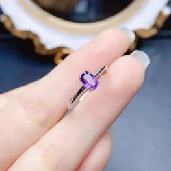 FS S925 Sterling Silver Inlay 4*6mm Natural Amethyst Ring With Certificate Fashion Fine Charm Wedding Jewelry for Women MeiBaPJ