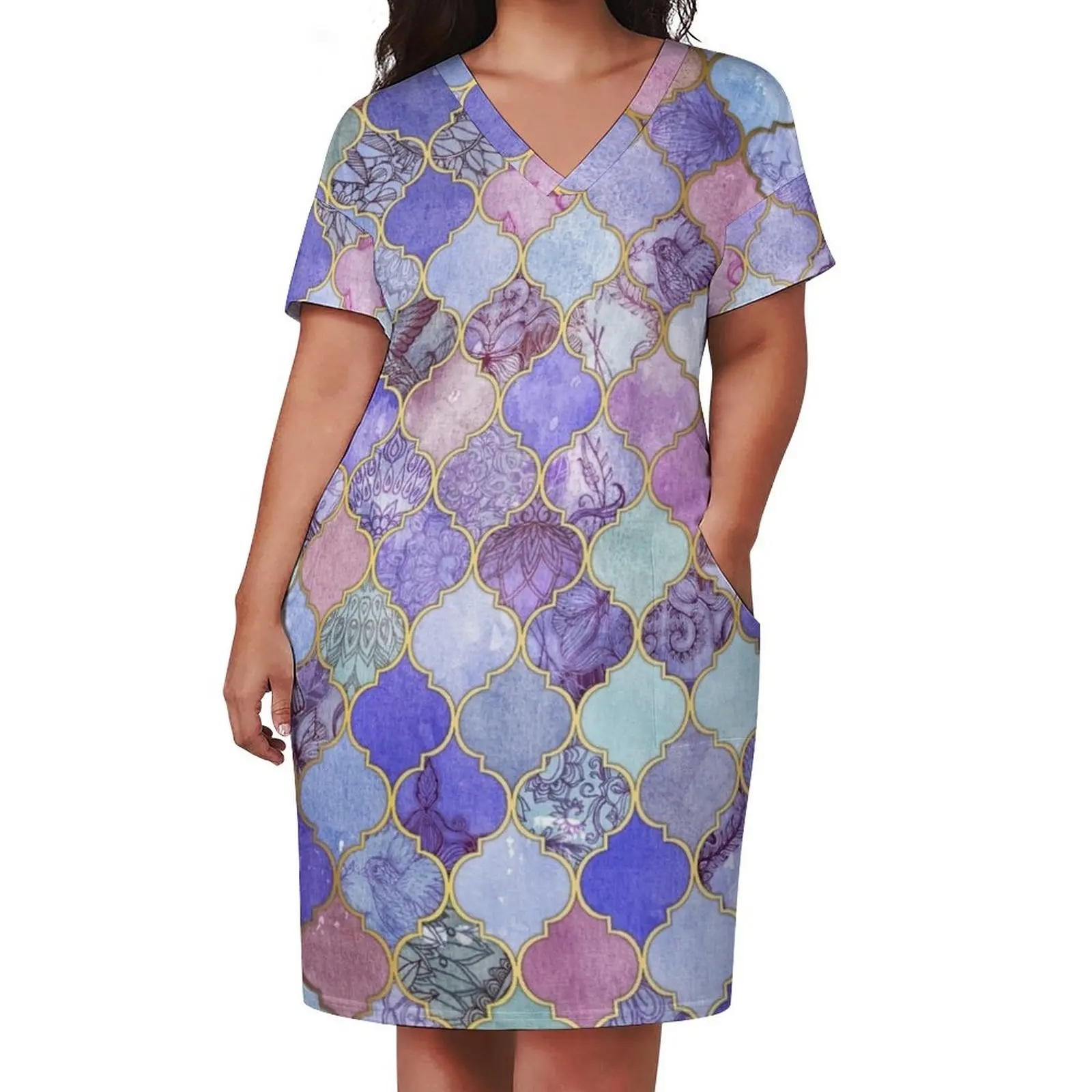 Royal Purple, Mauve & Indigo Decorative Moroccan Tile Pattern Loose Pocket Dress dress for woman Clothing