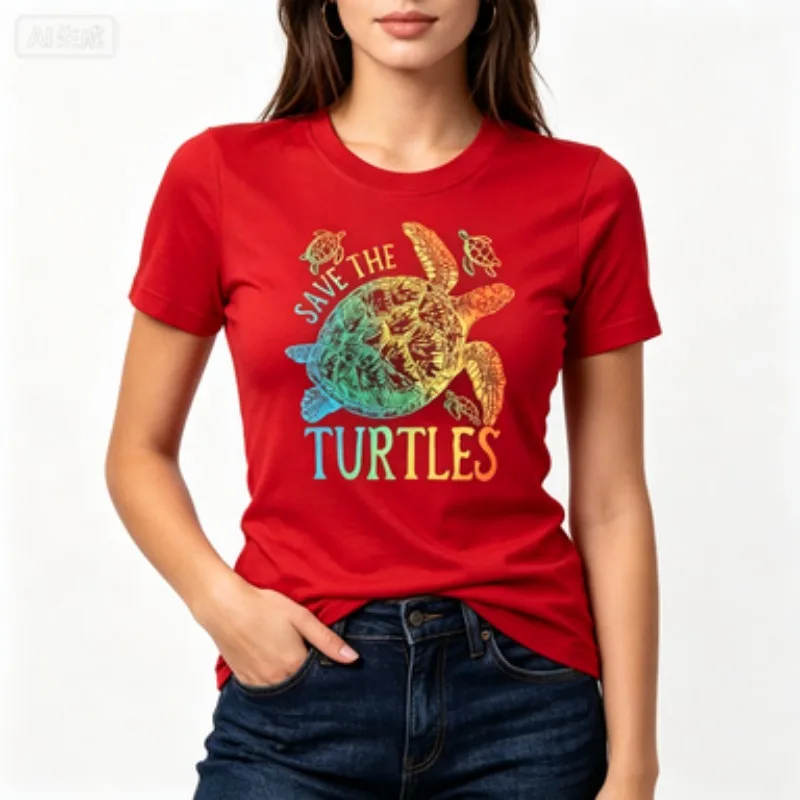 Women  Short Sleeve T-shirt Save The Turtles Gradient Sea Turtle Print Ocean Environmental Protection Casual Summer Daily Tee