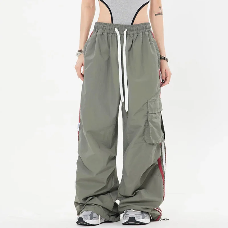 

American Trendy Loose Workwear Pants Women Stripe Elastic High Waist Drawstring Pocket Straight Casual Versatile Sports Trousers