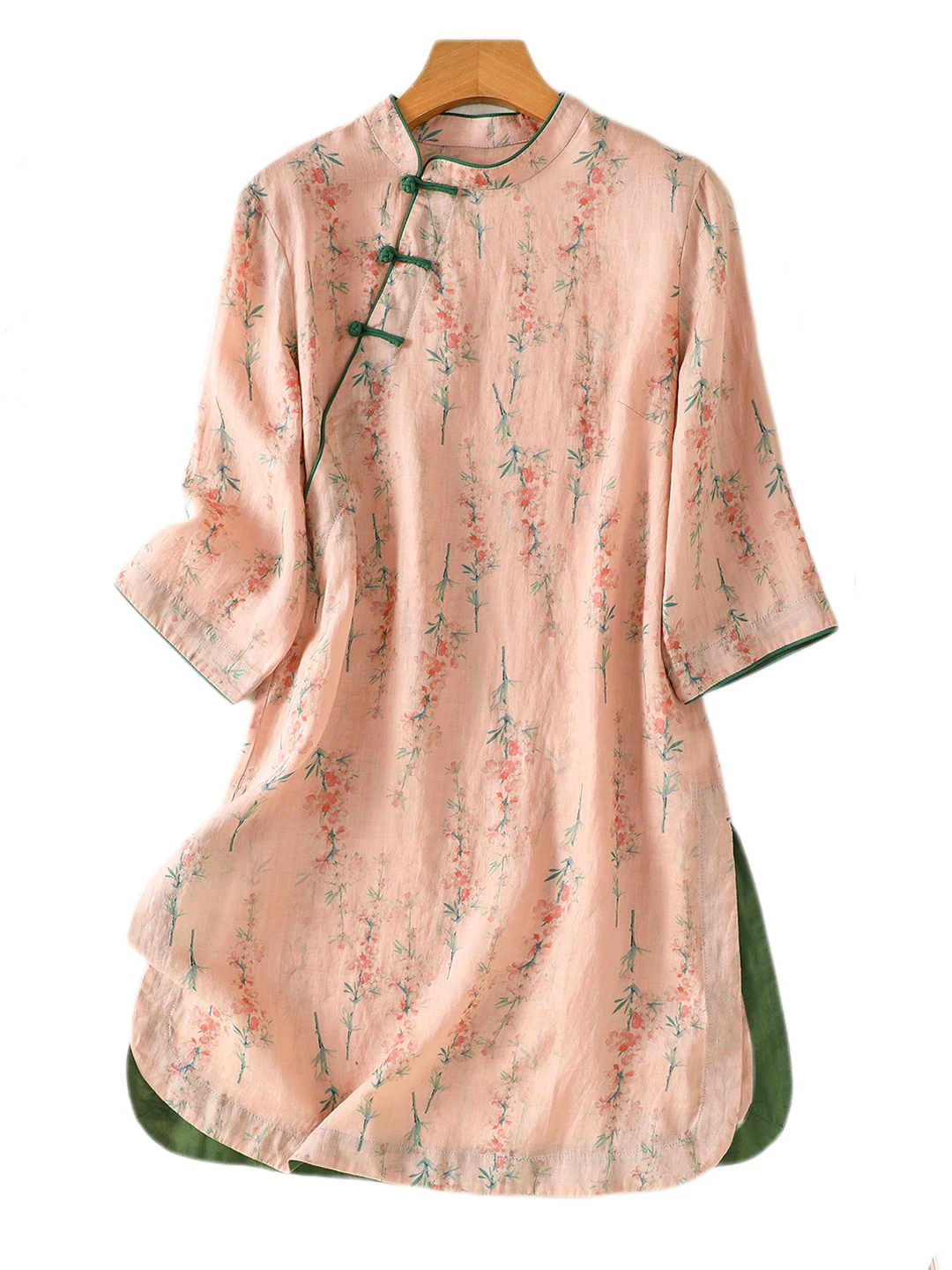 ريترو Sle المرأة الكتان irt زر حتى مطبوعة ميدي طول تعديل القطن الكتان الأعلى الصينية الجديدة Sle