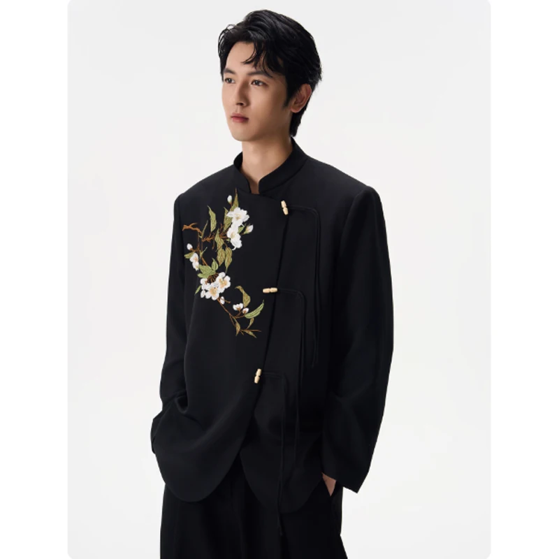 

Мужской костюм Ele Bla с вышивкой, воротником-стойкой, приталенный, повседневный, в китайском стиле, с длинными рукавами, из полиэфирного волокна