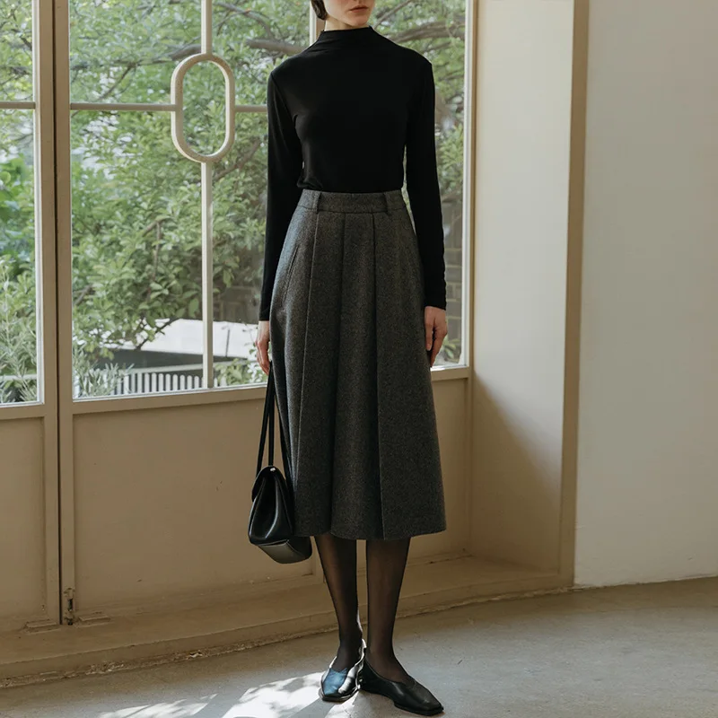 

Women's woolen skirt2025New autumn and winter high-waisted mid-length pleated umbrella skirt for petite womenAPrinted suit skirt