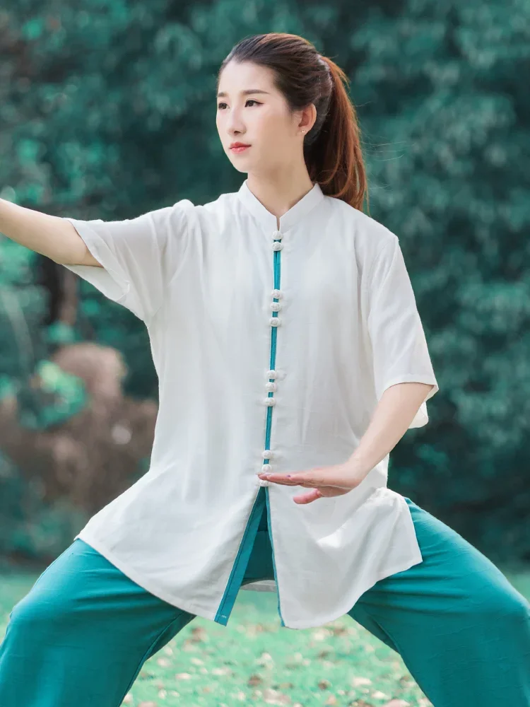 Summer Breathable Short Sleeve Kung Fu Shirts Wing Chun Training Vintage Sport Tops Martial Arts Taichi Uniform Cotton And Linen