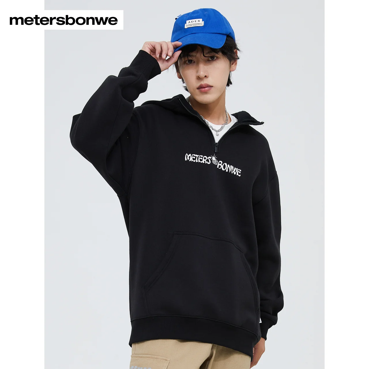 

Metersbonwe-Men's Half Zipper Hoodie Fleece-Lined Sweatershirt Hooded Pullover Letter Print High Quality Stylish Casual Winter