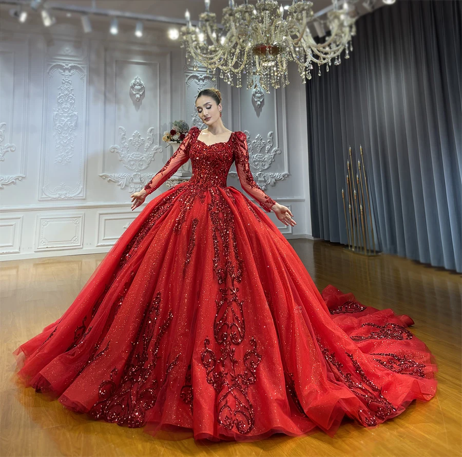 bridal dresses in red colour Keting Cathedral Train Appliques Tulle A Line Wedding Dress Lace Up Corset Long Sleeve Gown : Clothing, Shoes & Jewelry with heavily worked floral pattern embroidery Ball Gown Red Colour Bridal
