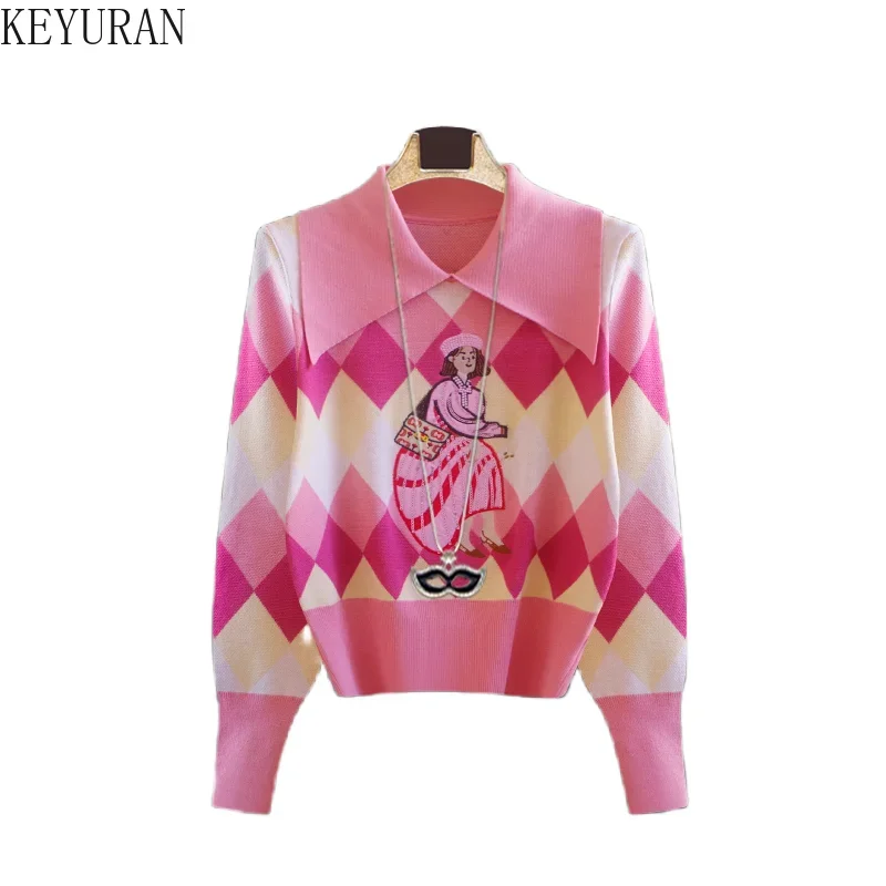 Vintage Cartoon Embroidery Sequins Knit Pullover Sweater Women Spring Autumn O-Neck Fashion Contrast Color Kntiwear Tops Jumper