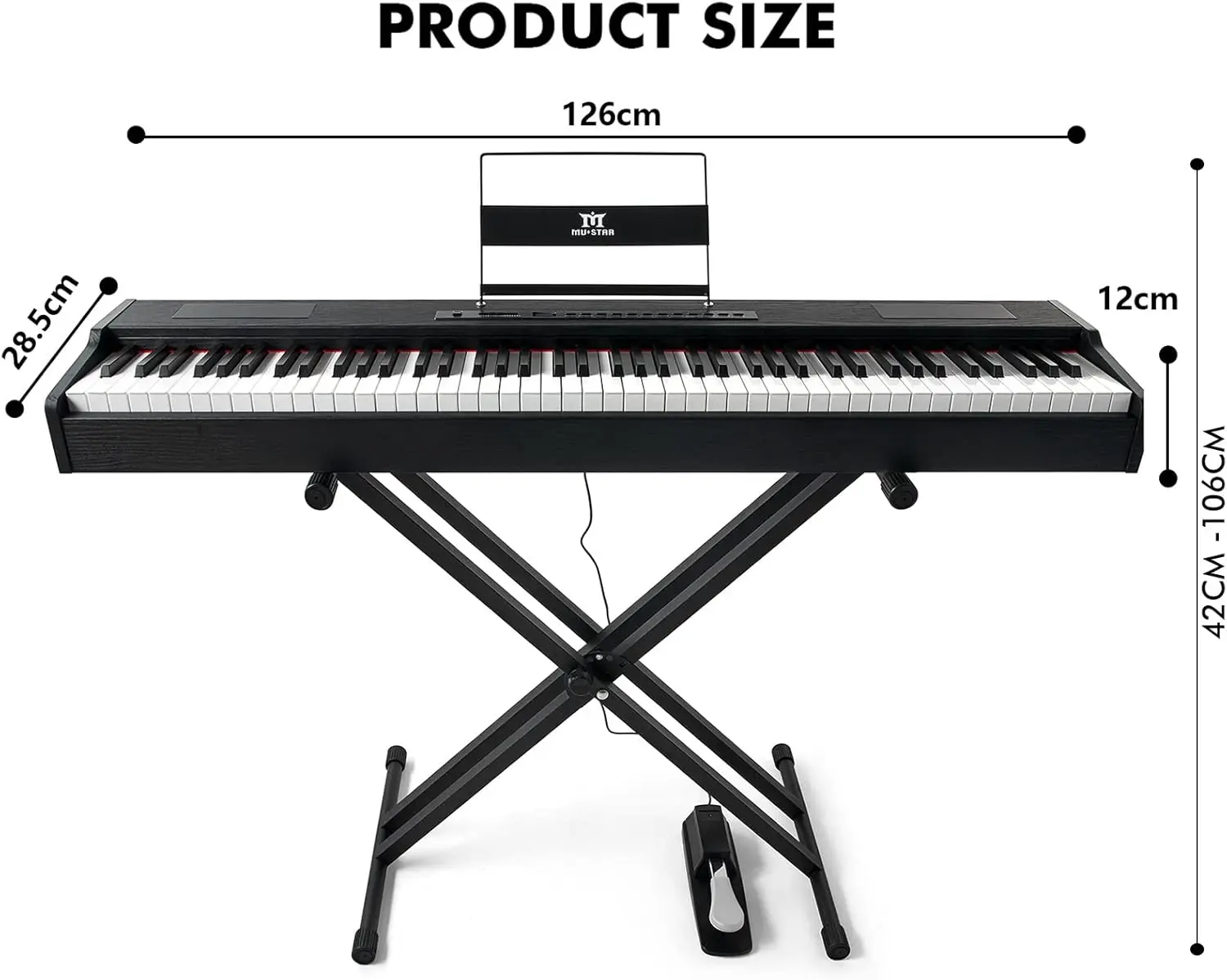 MUSTAR Digital Piano Keyboard 88 Keys Full Weighted Hammer Action MDP-3100 | 800 Tones, 600 Rhythms, 80 Demo, Height-Adjustable Stand, Carrying Case, USB MIDI, Wireless Connection, Sustain Pedal, Black