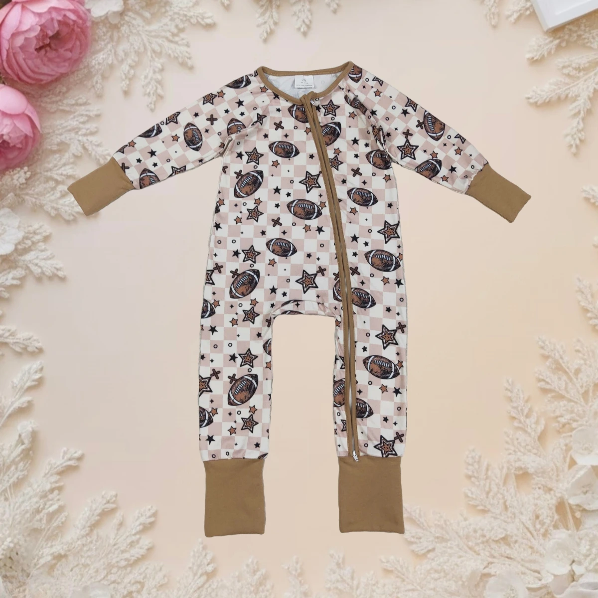 

Hot Sale Baby Boy Footballs Stars Print Romper Plaid Long Sleeve Zipper Footie Romper Jumpsuit Toddler Infant Kids Sleepers