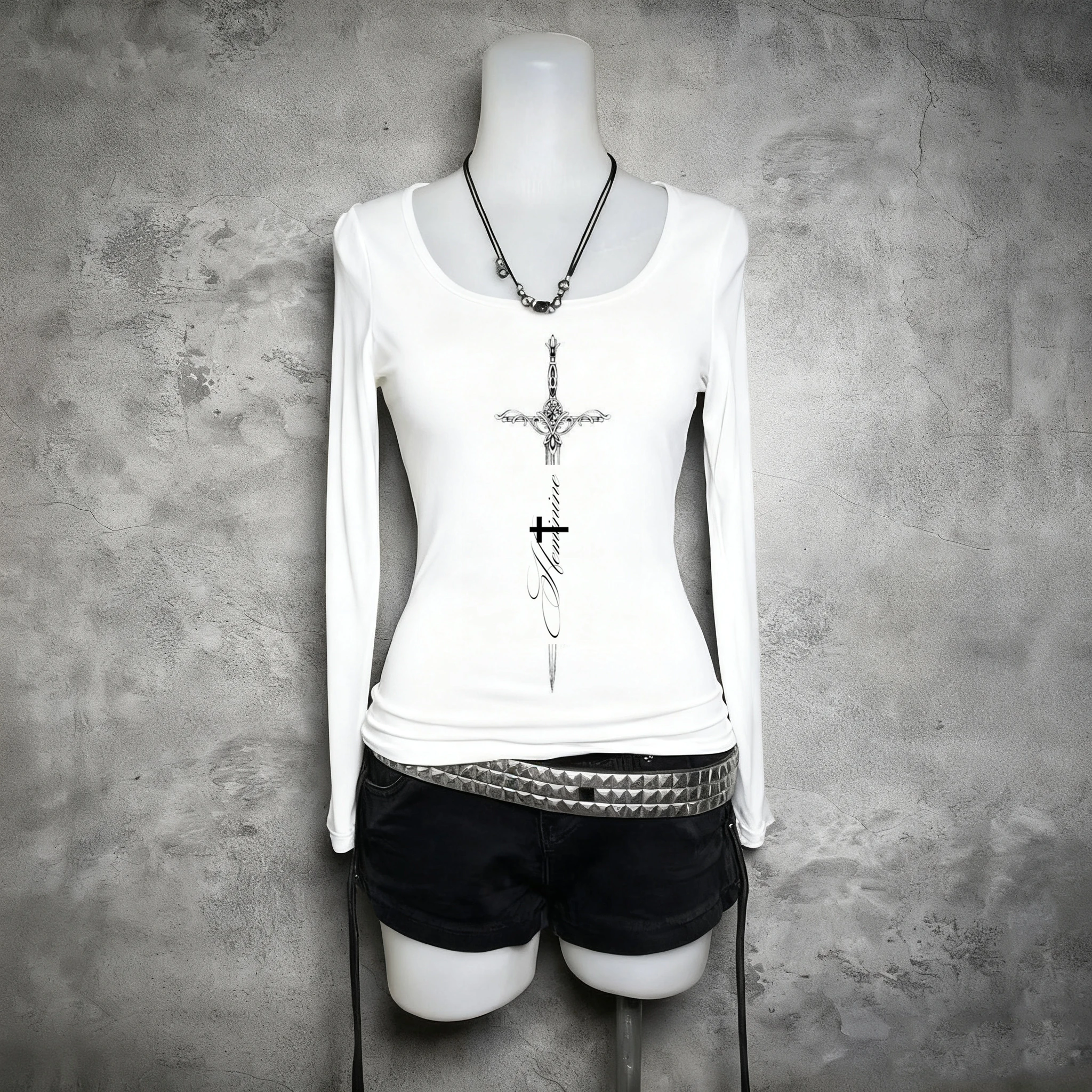 

2000s Y2k fashion chic printed suit women's round neck slim fit T-shirt Spring and Autumn Gothic spicy girl high street T-shirt