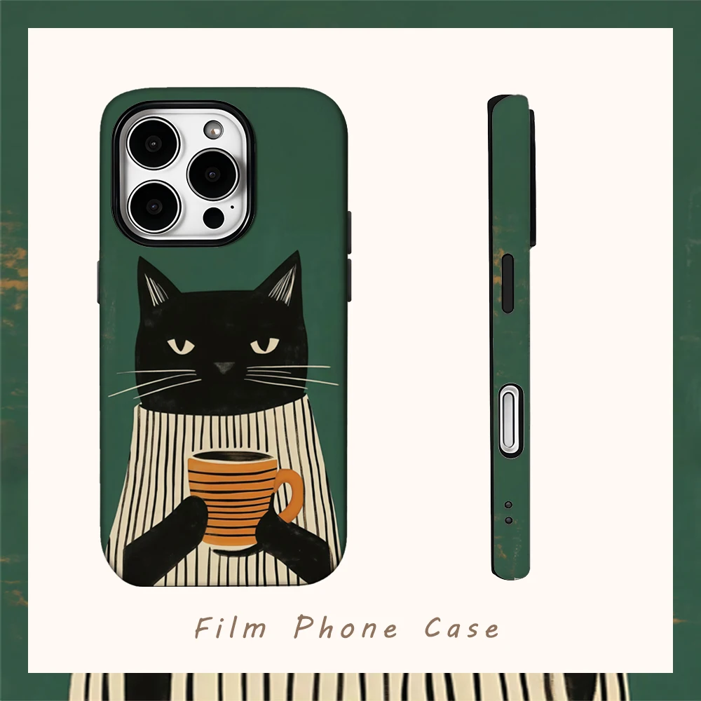 Gestreifte Hemd-Kaffee-Katzen-Handyhülle für iPhone 18 17 16 15 14 13 12 11 X XS XR XSMAX 7 8 Pro Max Plus Doppelschichtige Rückabdeckung