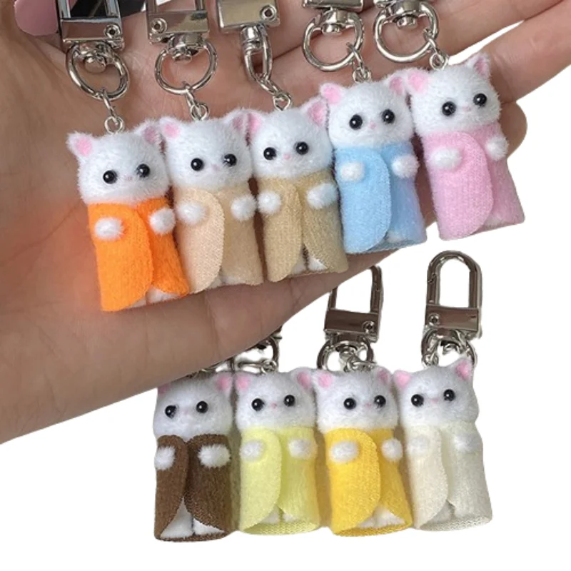 Cute Flocking Cat Keychain Kawaii 3D Kitten Keyring Car Key Holder School Bag Pendant Earphone Hanging Decoration Gifts