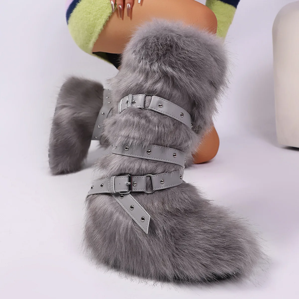 

Knee High Mongolian Fur Boots Winter For Women 2025 New Flat Heel Plus Size 46 Buckle Plush Furry Shoes