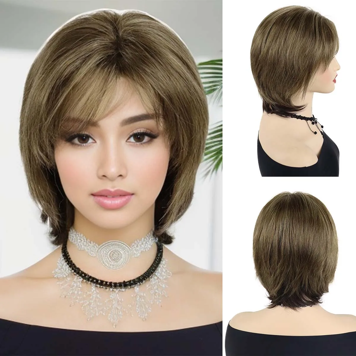 

Premium Synthetic Hair Mommy Wigs Natural Short Bob Wig for Women Straight Haircut Mixed Brown with Bangs Casual Wigs Outfits