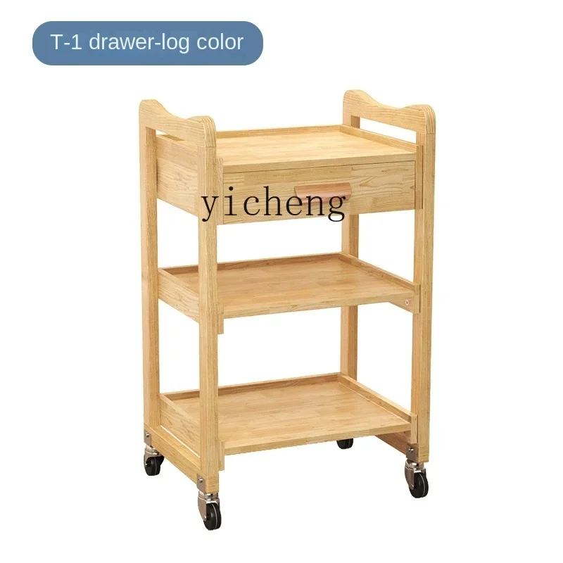 

solid wood multi-functional beauty cart three-layer rack tool with drawer trolley hair cart