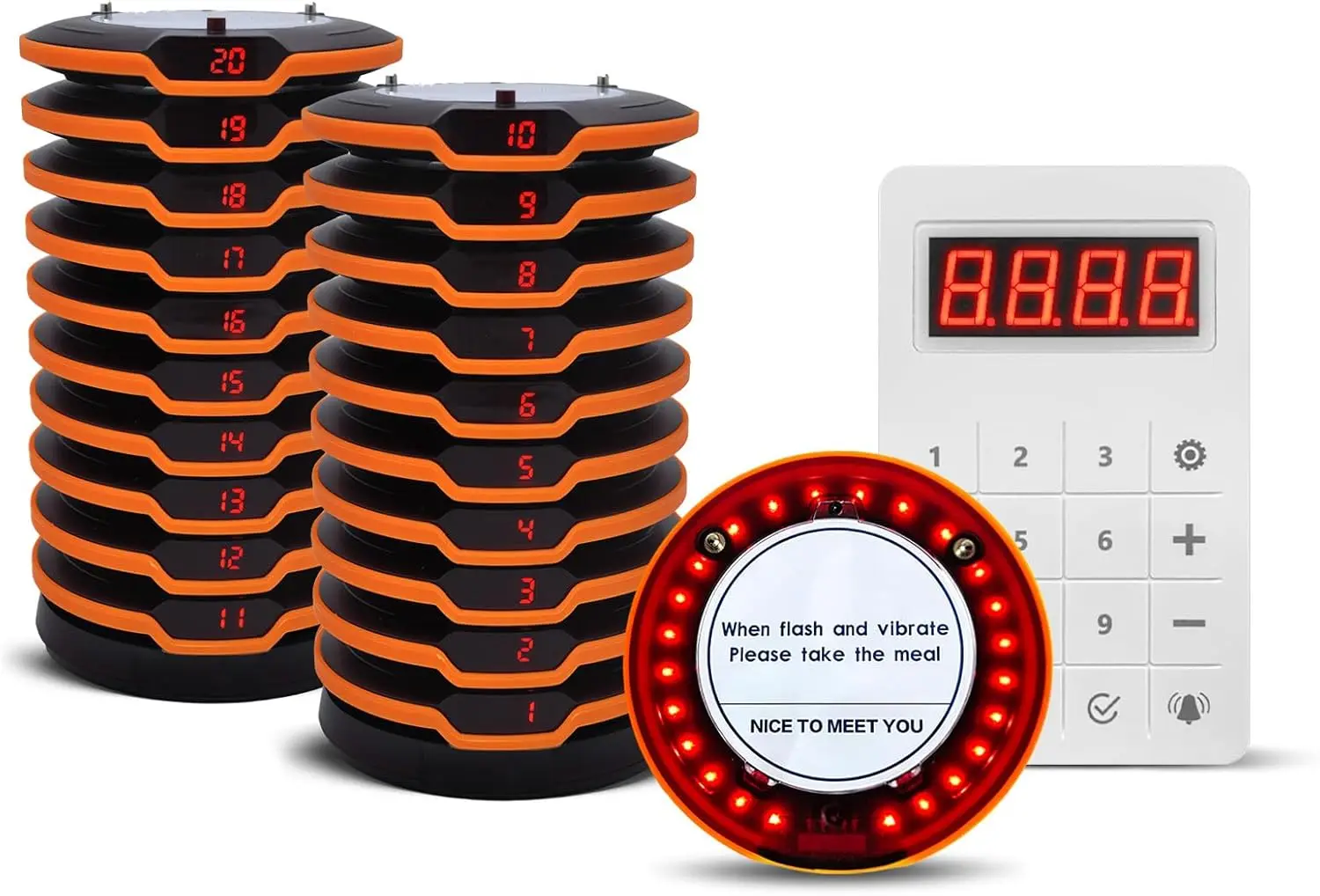 Wireless Restaurant Pager System with Touch Keyboard 433Mhz 1312ft Long Range 20 Rubber Protected Buzzers for Table Call