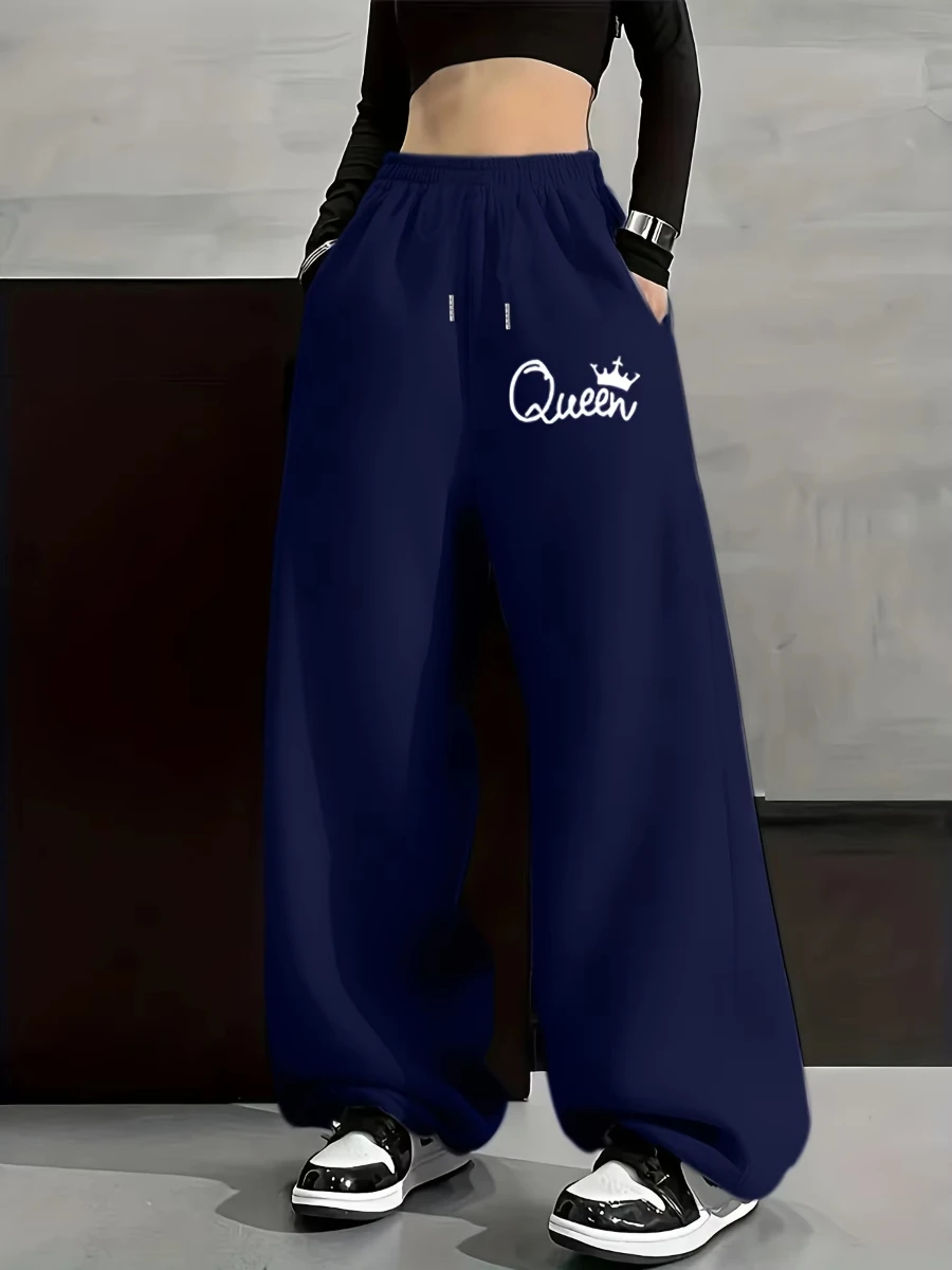 Harajuku Women's Plus-size Street Style Casual Sweatpants with Personality Print Autumn and Winter Fleece Loose Fit Streetwear
