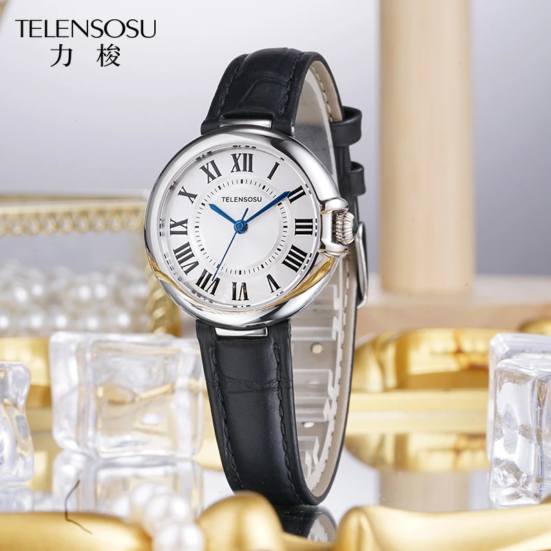 ساعة TELENSOU كوارتز للسيدات بحزام جلدي من الفولاذ المقاوم للصدأ طلاء مضاد للانعكاس منحني من الياقوت الاصطناعي GlassLady's Watch 8801