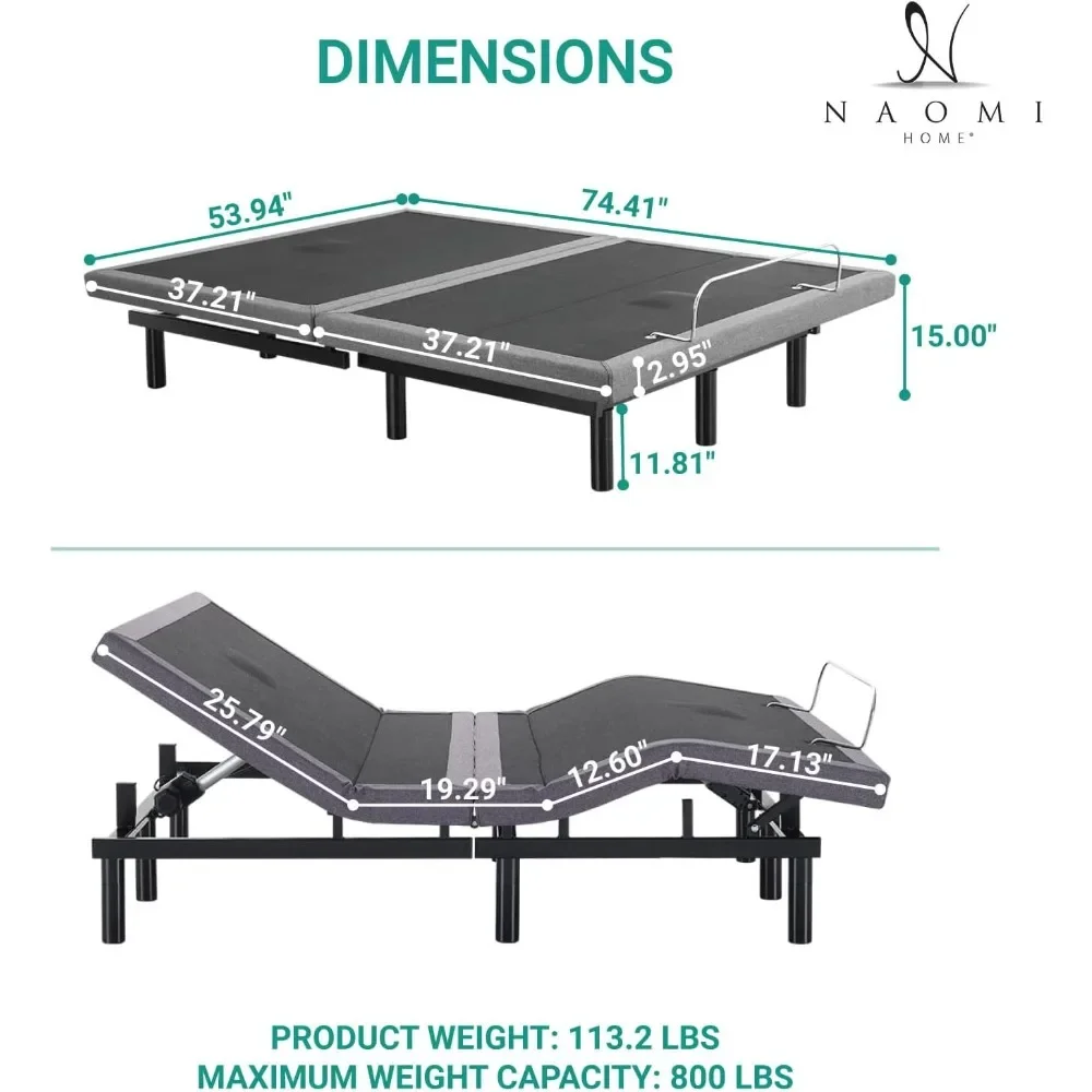 Idealbase Estructura de cama ajustable completa con soporte lumbar y inclinación de la cabeza, inclinación del pie, masaje de espalda y piernas, puertos USB