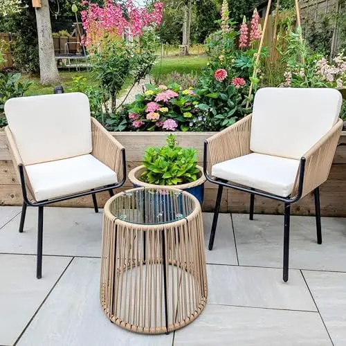 3 Piece Patio Rattan Bistro Set, Outdoor All Weather PE Wicker Conversation Furniture Set with 2 Chairs & Tempered