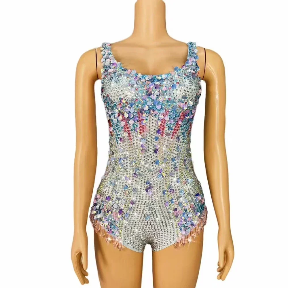 Sexy Stage Luxury Colorful Rhinestones Sequins Shell Sleeveless Leotard Stretch Outfit Birthday Dance Party Gowns Collections