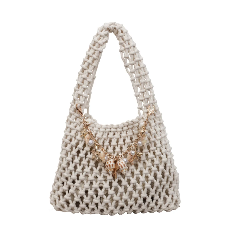 Summer Hollow Out Crochet Mesh Tote Bags Hot Sale Mini Beach Youth Shoulder Purse Shell Starfish Chain Hot Pink Woven Handbag view 6