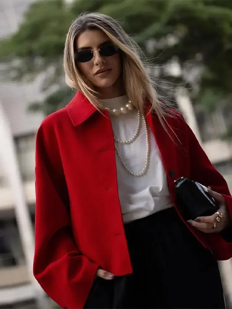 Fashion Red Single Breasted Women's Turn Down Collar Jacket Vintage Pocket Full Sleeve Short Slim Coat 2024 Lady High Streetwear