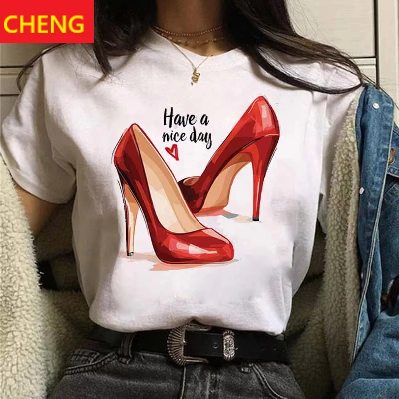 

Ladies Luxury Fashion High Heels Printed Ladies Short Sleeve T-shirt Summer Fun 90's hip hop punk hipster street wear T-shirt