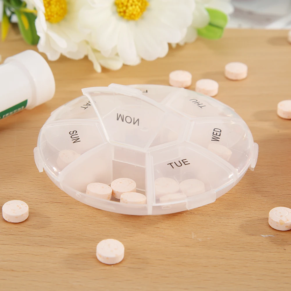 7 Days Weekly Sort Tablet Holder Portable Pillbox Separate Container Round Plastic Transparent Health Care for Home Travel