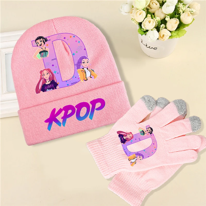 2 pçs kpop demônio caçadores chapéu de malha luvas terno dos desenhos animados carta impressa malha chapéus luvas conjunto crianças inverno acessórios quentes