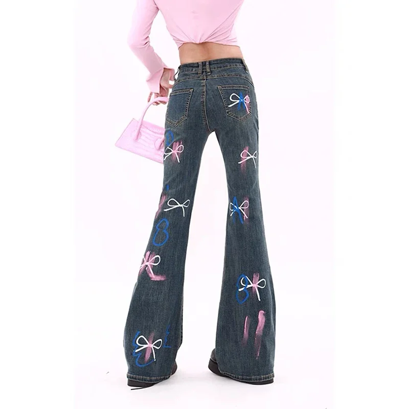 Vintage Bow Graffiti Pattern Flare Pants Women High Waist Skinny American Retro High Street Denim Pants Straight Trousers