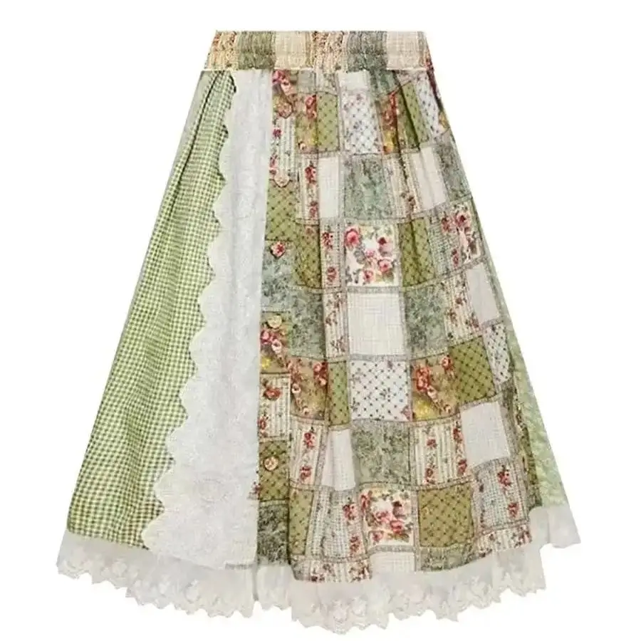 

Vintage Lace Hook Flower Patchwork Cotton Long Skirt For Women's 2025 Summer Japanese Sweet Mori Girl Printed Mid Length Skirts