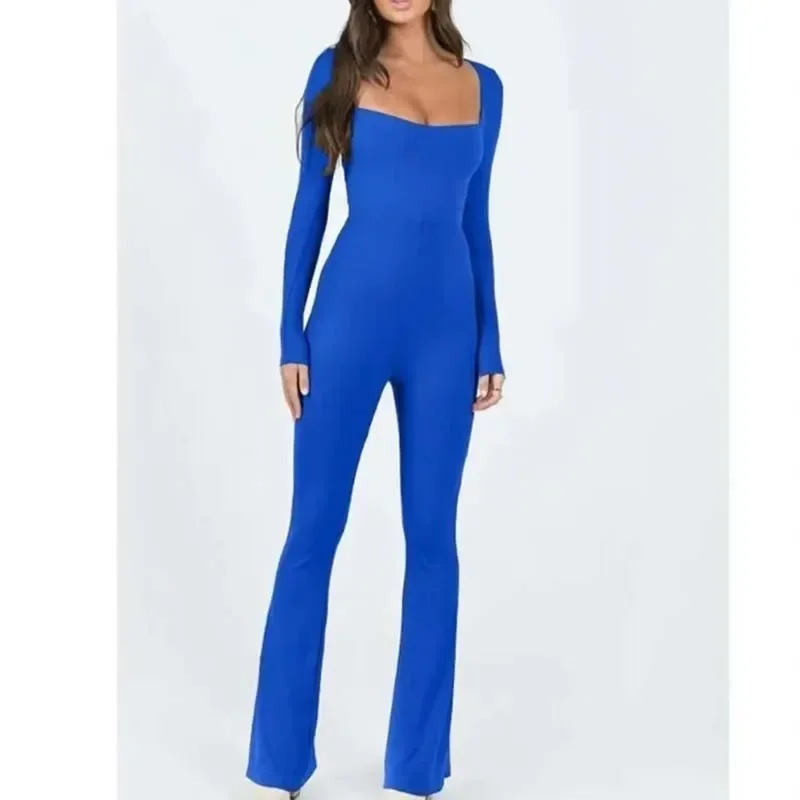 

2024 Jumpsuits for Women Black Sexy Tight One Piece Bodycon Rompers Back Lace Up Overalls Fit Sexy Lady Blue Long Jumper