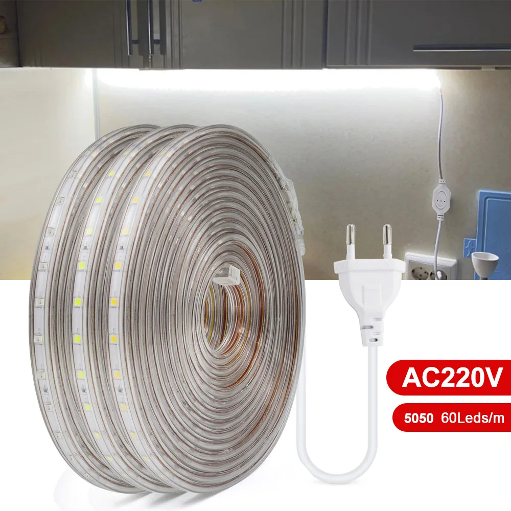 AC 220V 5050 LED Strip Light Waterproof 60LED/m Flexible LED Ribbon Tape Lamp String with EU Power Plug Home Decoration