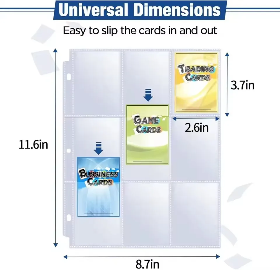 9-Card Protector Sleeves Pocket Gaming Trading Card Album Pages Binder Sheets for Stickers Stamps Card Page Storage