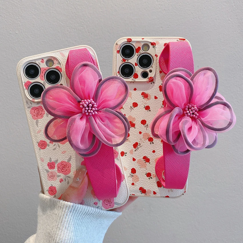 아이폰 17 16 15 14 13 프로 12 11 맥스 플러스 16프로용 꽃무늬 손목밴드 폰케이스, 컬러풀한 꽃무늬 폰케이스, 창의적인 15프로 커버