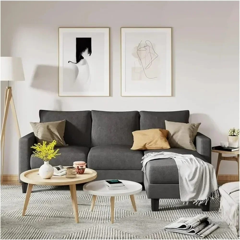 Convertible Sectional 3 L-Shaped Couch Soft Seat with Modern Linen Fabric, Space-Saving Sofas for Living Room