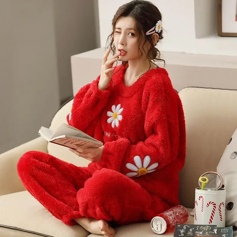 

Autumn Winter New Women's Pajamas Thickened Plush Girl Youth Round Neck Sports and Leisure Warm Suit Home Wear sleepwear women