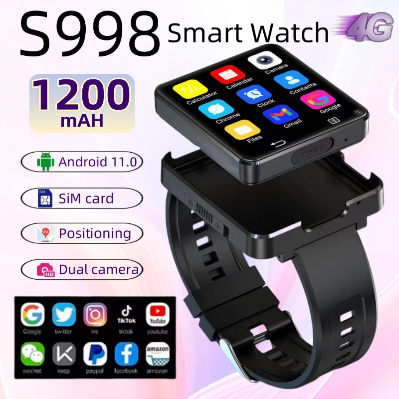 

Модные умные часы для взрослых S998, полная сеть 4G, Android 11, 2,64 дюйма, двойная камера, 1200 мАч, карта SiM, GPS